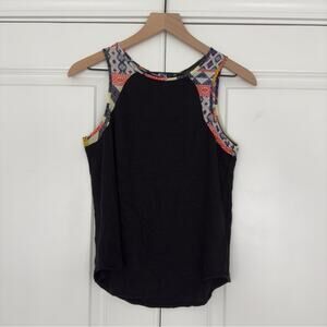 Sanctuary Linen Sleeveless Tank Top Aztec Patchwork Button Keyhole Back Summer